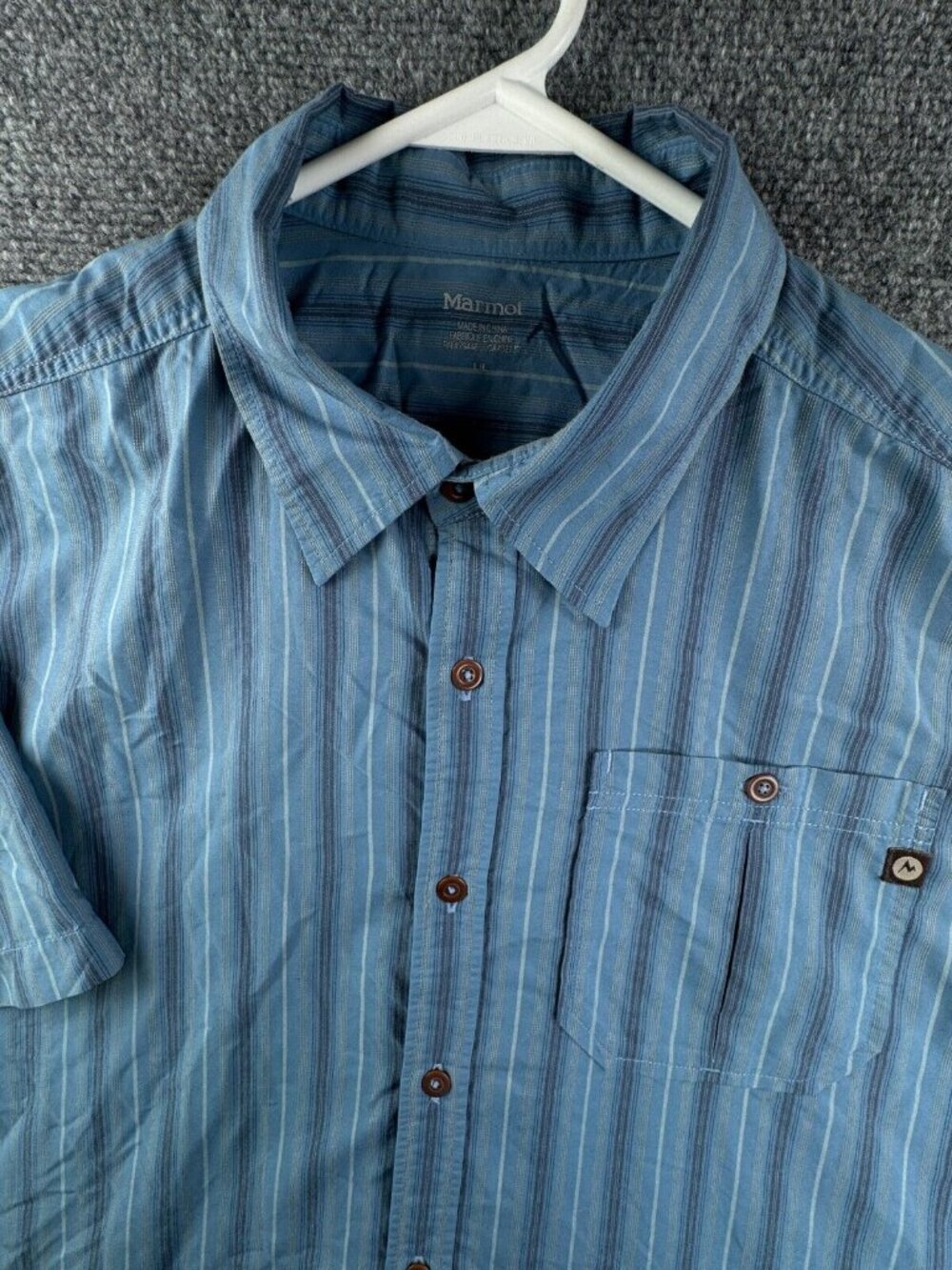 Marmot Button Up Shirt Blue Striped Short Sleeve Casual Large Nylon Polyester **